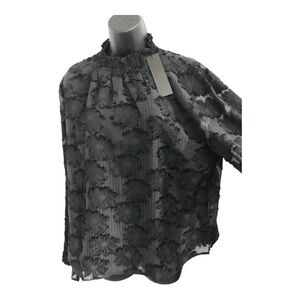 Black floral appliqué look sheer flare sleeve ruffle mock neck blouse top size L